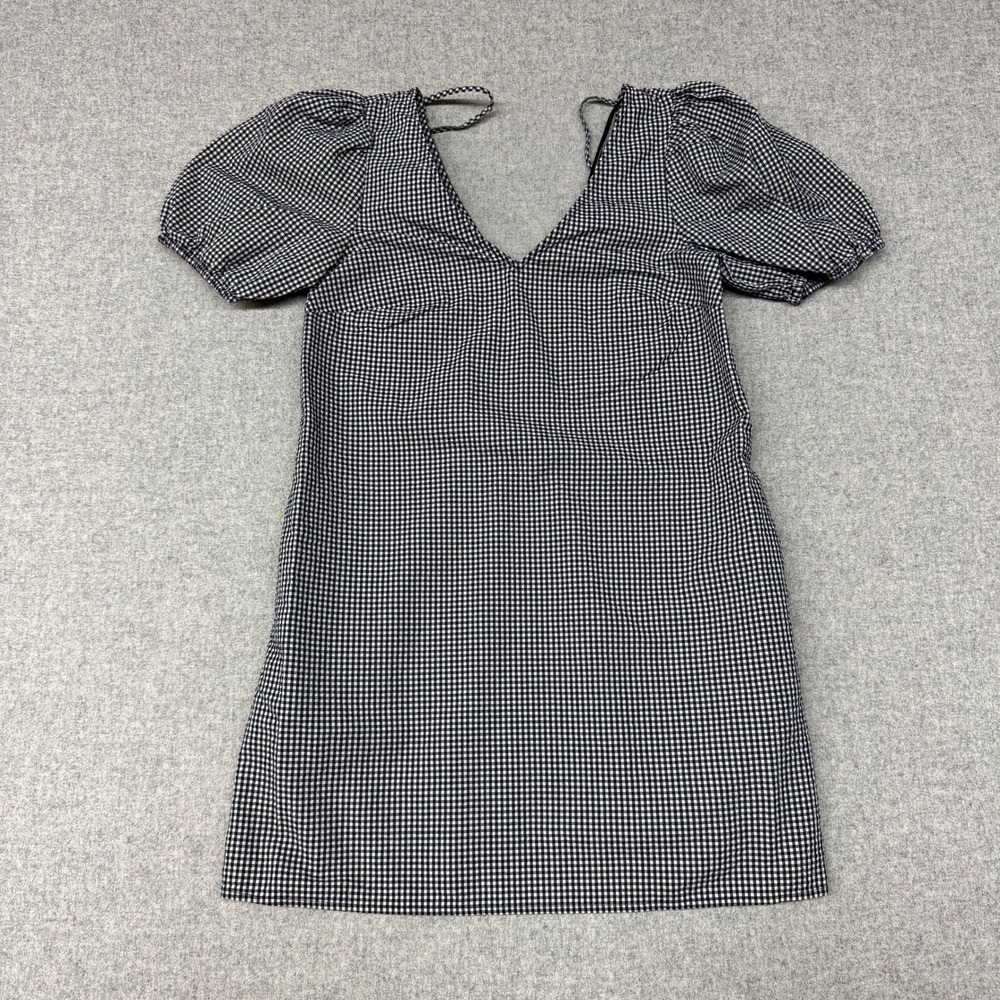 A New Day Mini Dress XS Black White Gingham Puff Sleeve V-Neck Pockets Short Zip